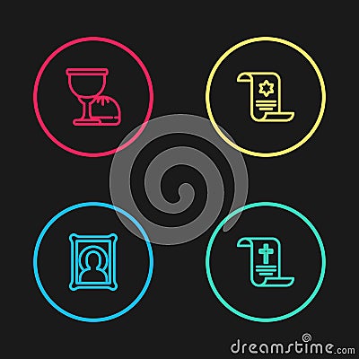 Set line Christian icon, Decree, paper, parchment, scroll, Torah and Holy grail chalice icon. Vector Vector Illustration