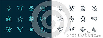 Set line Christmas ball, Reindeer, wreath, Snowflake, star, Merry house, toy and icon. Vector Stock Photo