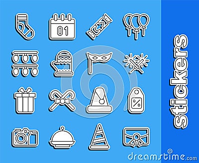 Set line Christmas postcard, Price tag with Sale, Sparkler firework, Candy, mitten, lights, stocking and Festive mask Vector Illustration