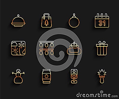Set line Christmas snowman, Beer can, covered with tray, Stereo speaker, star, lights, Gift box and Cake icon. Vector Vector Illustration