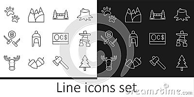 Set line Christmas tree, Inukshuk, Capilano Suspension Bridge, Winter hat, Curling sport game, Paw print, Canadian Vector Illustration