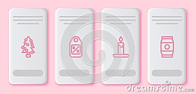 Set line Christmas tree, Price tag with Sale, Burning candle and Beer. White rectangle button. Vector Stock Photo