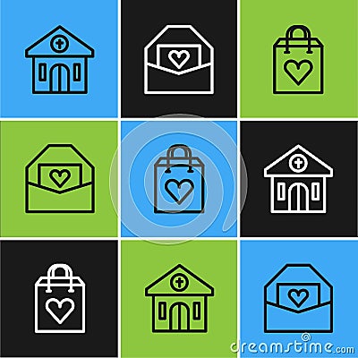 Set line Church building, Shopping bag with heart and Envelope Valentine icon. Vector Vector Illustration