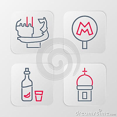 Set line Church tower, Vodka with pepper and glass, Metro or Underground and Monument founders of Kiev icon. Vector Stock Photo
