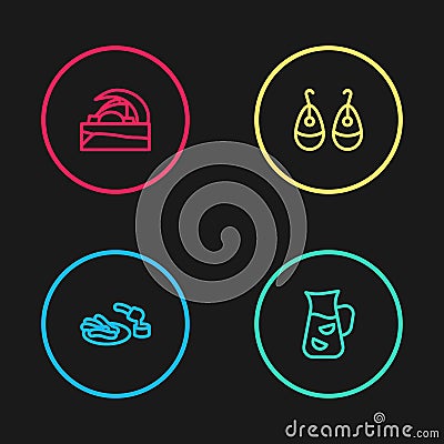 Set line Churros and chocolate, Sangria, Earrings and Concert hall de Tenerife icon. Vector Vector Illustration