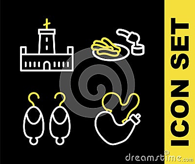 Set line Churros and chocolate, Spanish wineskin, Earrings and Montjuic castle icon. Vector Stock Photo