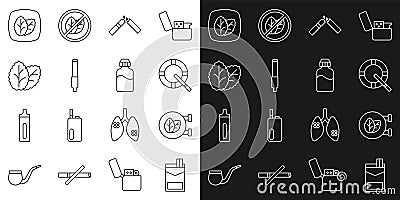 Set line Cigarettes pack box, Tobacco leaf shop, Ashtray with cigarette, Broken, and Vape liquid bottle icon. Vector Vector Illustration