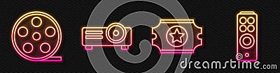 Set line Cinema ticket, Film reel, Movie, film, media projector and Remote control. Glowing neon icon. Vector Vector Illustration