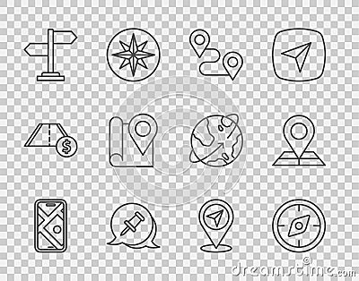 Set line City map navigation, Compass, Route location, Push pin, Road traffic sign, Folded with marker, Map and icon Stock Photo