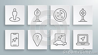 Set line City map navigation, Parking, Unknown route point, Laptop with location marker, Radar targets monitor, Location Vector Illustration