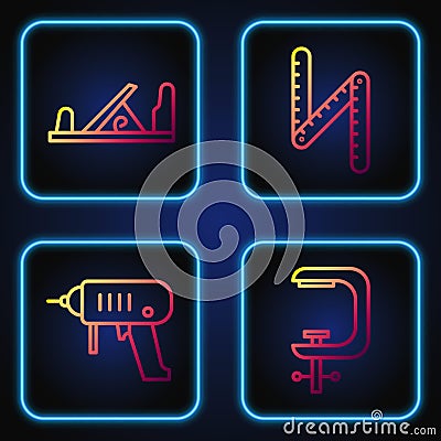 Set line Clamp and screw tool, Electric drill machine, Wood plane tool and Folding ruler. Gradient color icons. Vector Vector Illustration
