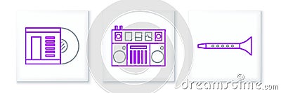 Set line Clarinet, Vinyl disk and DJ remote for playing and mixing music icon. Vector Stock Photo