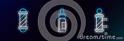 Set line Classic Barber shop pole, and Glass bottle with pipette icon. Glowing neon. Vector Vector Illustration