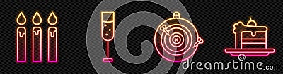 Set line Classic dart board and arrow, Birthday cake candles, Glass of champagne and Cake. Glowing neon icon. Vector Vector Illustration