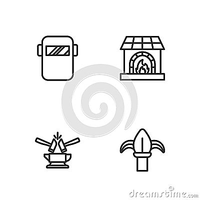 Set line Classic iron fence, Anvil and hammer, Welding mask and Blacksmith oven icon. Vector Vector Illustration