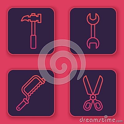 Set line Claw hammer, Hacksaw, Wrench spanner and Scissors. Blue square button. Vector Vector Illustration