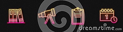 Set line Clipboard with checklist, Office folders, Telescope and Calendar first september date. Glowing neon icon Vector Illustration