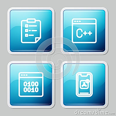 Set line Clipboard with checklist, Software, Binary code and Mobile Apps icon. Vector Vector Illustration