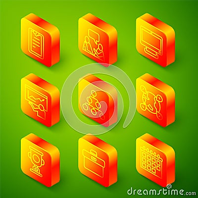 Set line Clipboard with checklist, Two sitting men talking, Computer monitor, Training, presentation, Hierarchy Stock Photo