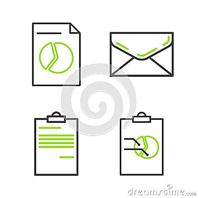 Set line Clipboard with graph chart, Document, Envelope and icon. Vector Vector Illustration