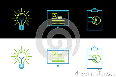 Set line Clipboard with graph chart, Light bulb rays shine and concept of idea and Board resume icon. Vector Stock Photo