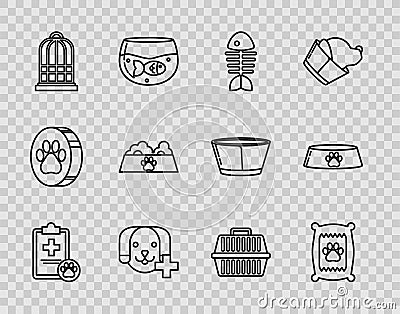 Set line Clipboard with medical clinical record pet, Bag of food for dog, Fish skeleton, Veterinary symbol, Cage birds Vector Illustration