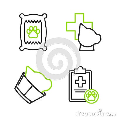 Set line Clipboard with medical clinical record pet, Veterinary symbol, and Bag of food for dog icon. Vector Vector Illustration