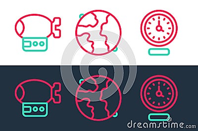 Set line Clock, Airship and Worldwide icon. Vector Vector Illustration