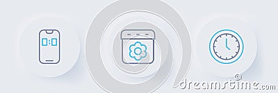 Set line Clock, Calendar spring and Alarm clock app mobile icon. Vector Stock Photo
