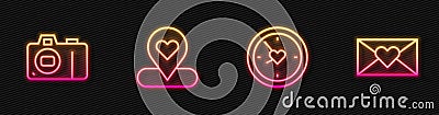 Set line Clock with heart, Photo camera, Location and Envelope Valentine. Glowing neon icon. Vector Vector Illustration