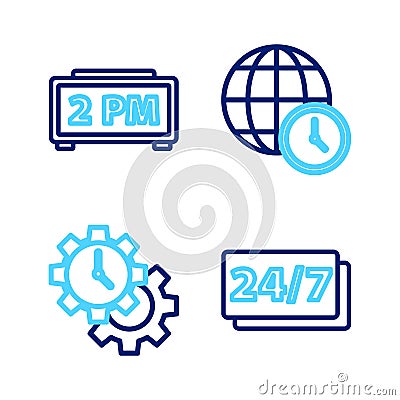 Set line Clock 24 hours, Time Management, World time and Digital alarm clock icon. Vector Vector Illustration