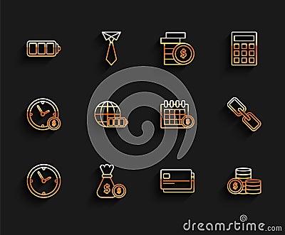 Set line Clock, Money bag and coin, Battery charge level indicator, Credit card, Coin money with dollar symbol, earth Vector Illustration