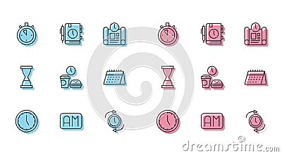 Set line Clock, Morning time, Stopwatch, with arrow, Fast food, Calendar, Old hourglass sand and Daily paper notepad Vector Illustration