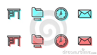 Set line Clock, Office desk, Document folder and Mail and e-mail icon. Vector Vector Illustration