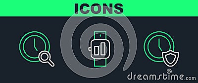 Set line Clock with shield, Magnifying glass clock and Smartwatch icon. Vector Vector Illustration