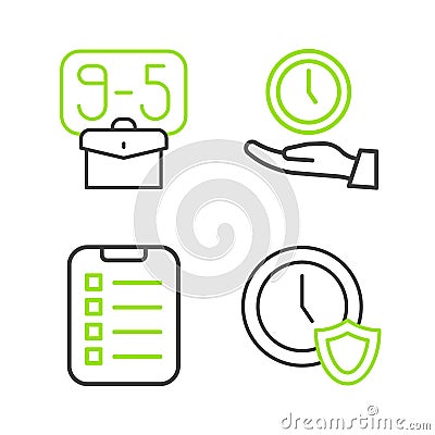 Set line Clock with shield, To do list or planning, and From 9 icon. Vector Vector Illustration