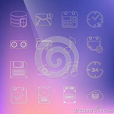 Set line Cloud database, Clock 24 hours, Calendar with check mark, Delete folder, Stereo speaker, Database protection Vector Illustration