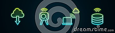 Set line Cloud download, Web camera, Network cloud connection and Smart data server. Glowing neon icon. Vector Vector Illustration
