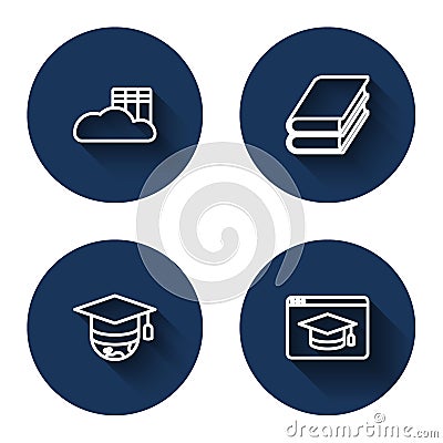 Set line Cloud or online library, Book, Graduation cap globe and Online education with long shadow. Blue circle button Stock Photo