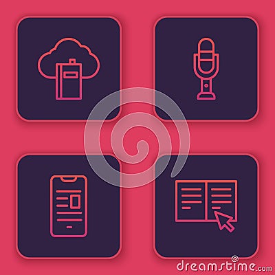 Set line Cloud or online library, Online book mobile, Microphone and . Blue square button. Vector Vector Illustration