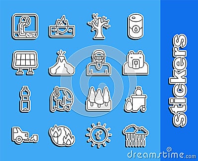 Set line Cloud with rain, Full dustbin, Polar bear head, Withered tree, Volcano eruption lava, Solar energy panel Vector Illustration