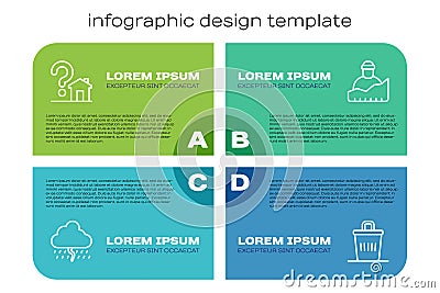 Set line Cloud with rain, House question mark, Trash can and Growth of homeless. Business infographic template. Vector Vector Illustration