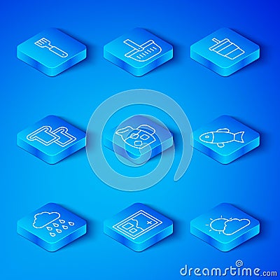 Set line Cloud with rain, Jug glass water, Folded map, Fish, Paper, Bread toast, Fork and Sun and cloud weather icon Stock Photo