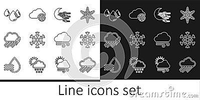 Set line Cloud with rain, Snowflake, Fog and moon, lightning, Water drop, Windy weather and snow icon. Vector Stock Photo