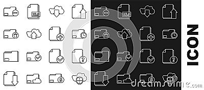 Set line Cloud and shield, Unknown document, Document folder with clock, download, upload, Delete, minus and Add new Vector Illustration