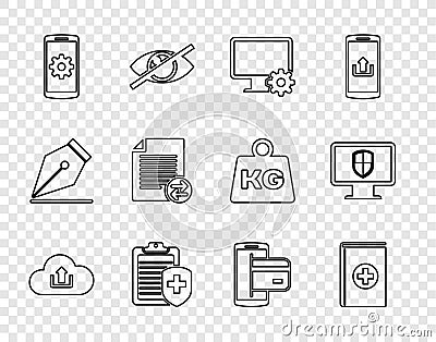 Set line Cloud upload, Medical book, Computer monitor and gear, Clipboard with medical insurance, Setting smartphone Stock Photo