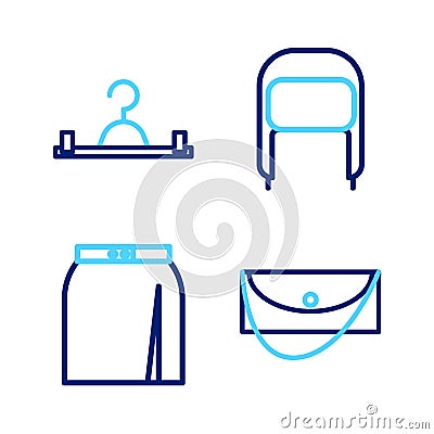 Set line Clutch bag, Skirt, Winter hat with ear flaps and Hanger wardrobe icon. Vector Stock Photo