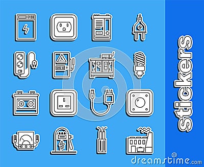 Set line Coal power plant and factory, Electric light switch, LED bulb, Car battery, Electrical panel, extension cord Stock Photo