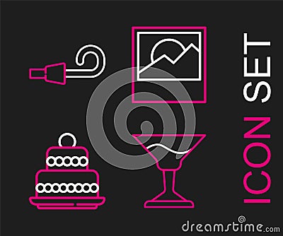 Set line Cocktail, Cake, Photo and Birthday party horn icon. Vector Vector Illustration