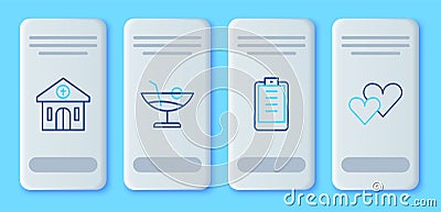 Set line Cocktail, Clipboard with checklist, Church building and Heart icon. Vector Stock Photo